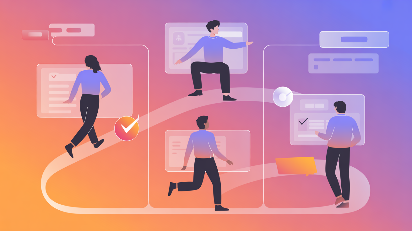 Abstract illustration of enterprise onboarding flow with people progressing through structured checkpoints at scale