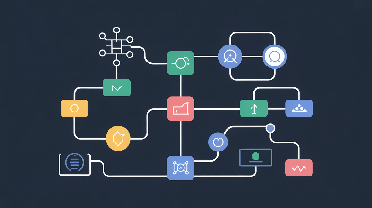 Abstract illustration of interconnected decision trees and rule engine flowcharts representing enterprise automation architecture