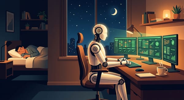 A robot sitting at a desk with monitors showing green test results while a developer sleeps peacefully at night