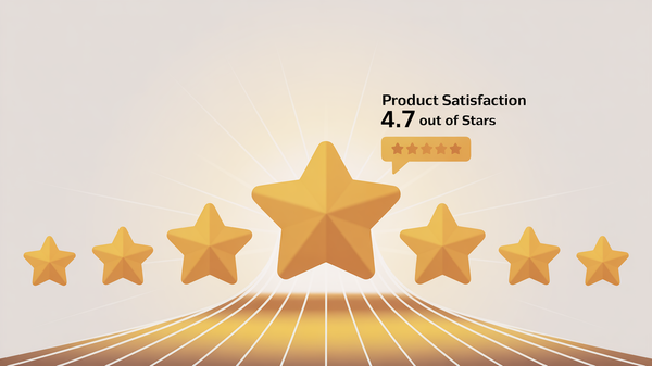 Abstract illustration of AI product satisfaction design achieving high user ratings with satisfaction waves radiating outward