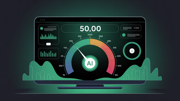 Abstract illustration of AI quality metrics dashboard analyzing 50,000 data points with precision and accuracy gauges