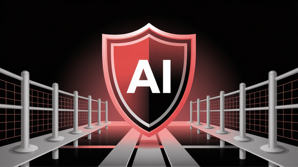 Abstract illustration of AI safety guardrails in fintech with protective barriers around sensitive financial data flows