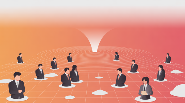 Abstract illustration of change management at scale with transformation ripple effect spreading across thousands of agent nodes