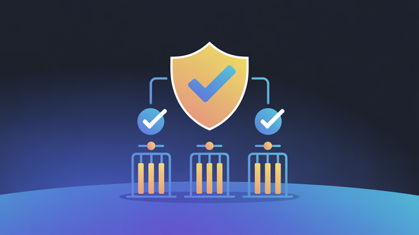 Abstract illustration of compliance-first product development with shield icons, checkmarks, and three-gate approval system